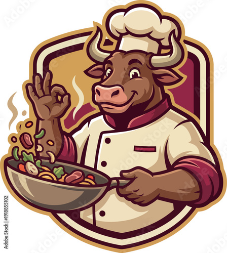 This dynamic cow chef character holds a pan filled with colorful ingredients, exuding enthusiasm for cooking and creativity, suitable for culinary branding or culinary events.