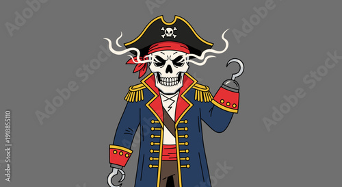 Scary Skeleton Pirate Captain with Hook Hand and Smoking Eyes, Cartoon Style