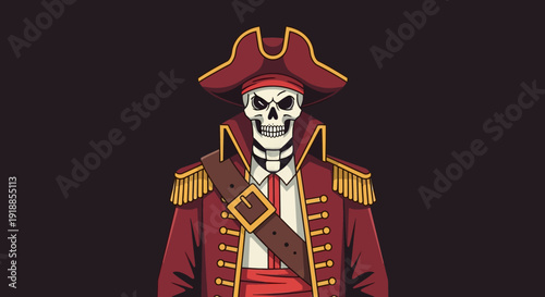 Skeleton Pirate Captain with Tricorne Hat and Red Jacket