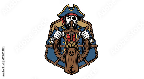 Pirate Captain Steering Ship Wheel, Nautical Adventure, Skull Mask, Eyepatch