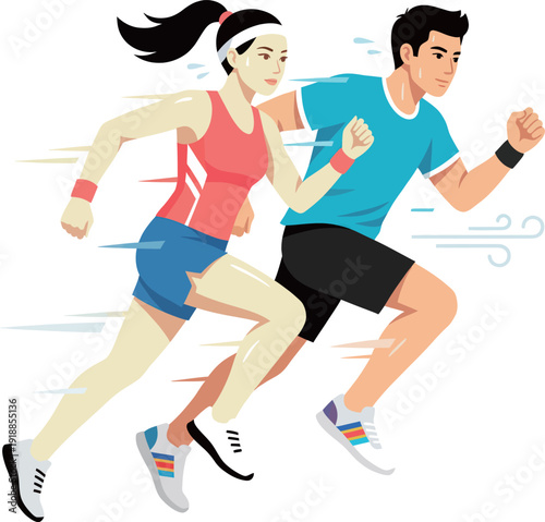 This image captures two enthusiastic runners sprinting side by side, embodying speed, teamwork, competition, and the thrilling spirit of athleticism and fitness culture.