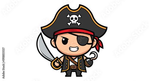 Cute Cartoon Pirate with Sword and Hook Hand, Jolly Roger Hat