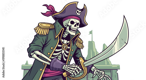 Cartoon Skeleton Pirate Captain Holding Saber Sword, Wearing Hat and Jacket