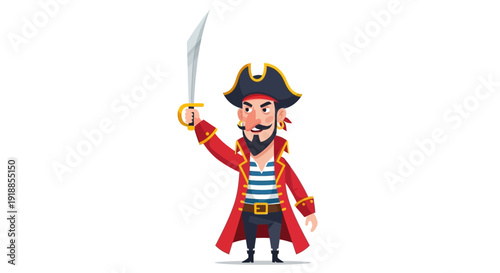 Cartoon Pirate Captain with Sword Raised, Ready for Adventure