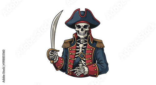 Skeleton Pirate Captain with Cutlass Sword and Tricorne Hat