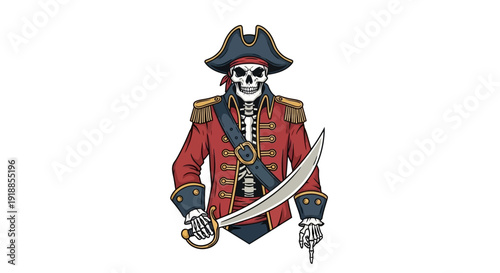 Skeleton Pirate Captain With Saber, Red Coat, Black Hat, White Background