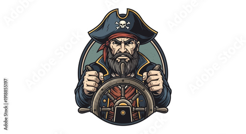 Fierce pirate captain with beard and skull hat at helm of ship wheel