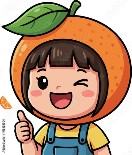 This charming illustration features a girl wearing an orange fruit costume, radiating happiness and playfulness, showcasing creativity in children's fashion and imagination.