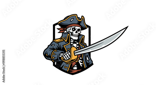 Skeleton Pirate with Cutlass Sword, Emblem, Nautical, Scary, Danger