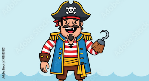Cartoon Pirate Character with Hook Hand and Skull Hat