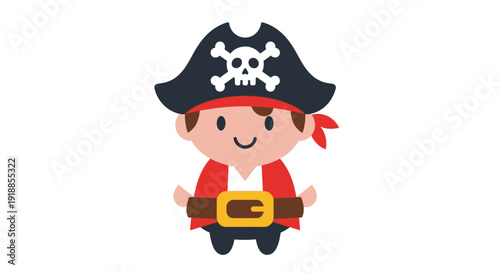 Cute cartoon pirate character with skull hat and red jacket, isolated on white background.