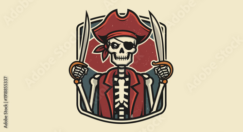 Skeleton Pirate with Swords and Eye Patch - Vintage Emblem
