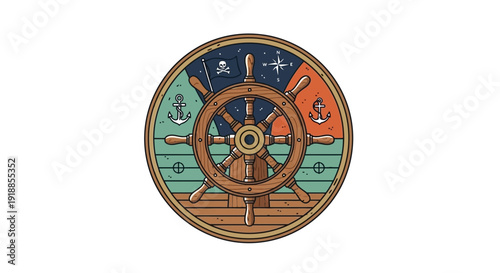 Nautical Emblem: Pirate Ship Wheel with Anchors, Jolly Roger, and Starry Sky