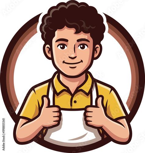 This cheerful young boy in a yellow shirt and apron gives thumbs up, radiating positivity and excitement, perfect for depicting happiness in service-oriented imagery or marketing.