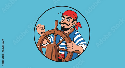 Cartoon Pirate Captain Steering Ship Wheel on Blue Background