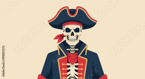 Skeleton Pirate Captain Illustration - Spooky Character in Tricorne Hat and Jacket