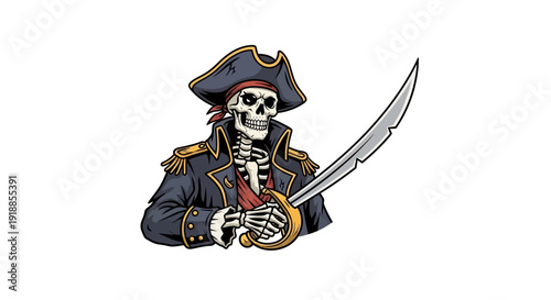 Skeleton Pirate Captain Holding Cutlass Sword, Wearing Tricorne Hat