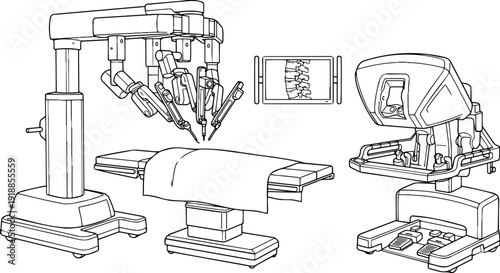 Black and white vector line art illustration of an advanced robotic surgery system featuring a multi-arm surgical robot over an operating table, a surgeon's control console, and a monitor displaying a