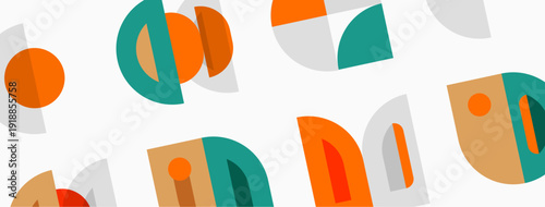 Abstract geometric pattern. Shapes overlap, creating midcentury modern aesthetic. Colors include orange, teal, beige, gray. Simple design.