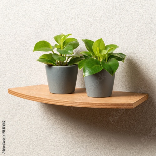 A minimalist wooden shelf displays two vibrant green plants in stylish pots, adding a touch of nature to any space, Ideal for interior design, home decor, or promoting a healthy lifestyle,