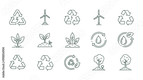 Eco-Friendly Icon Array: A collection of meticulously crafted, minimalist icons representing key elements of environmental conservation and sustainable living, including recycling symbols.