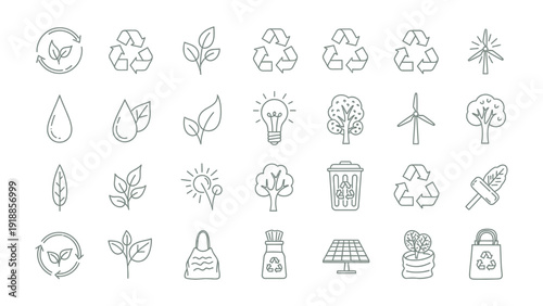 Eco-Conscious Icons: A collection of meticulously crafted, minimalist icons embodies sustainability, renewable energy, and environmental awareness, forming a visual language of eco-consciousness.