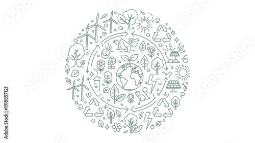Eco-Consciousness Circle: A harmonious emblem of sustainable living, encompassing key elements essential for a flourishing eco-system and ecological balance.