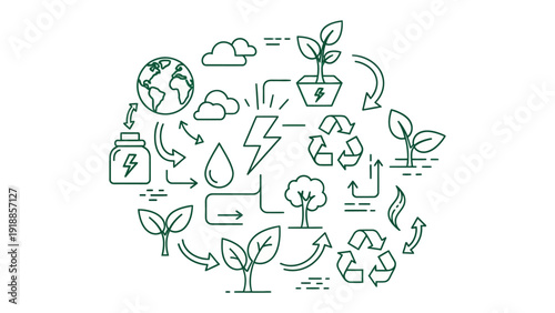 Eco-Friendly Cycle:  A vibrant visual tapestry illustrating the interconnectedness of eco-friendly elements. Showcasing key components of sustainability, from earth to new energy. 