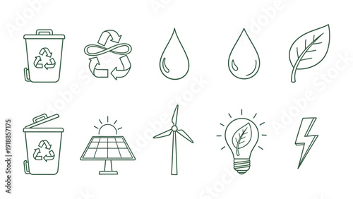 Eco-Friendly Icons: A visual representation of environmental sustainability and eco-consciousness, featuring a collection of hand-drawn icons that symbolize elements of nature and conservation.