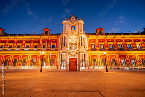 Palacio de San Telmo at dusk, municipal building in Spain at blue hour, Andalusian architecture.