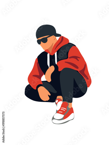 young man in tracksuit crouching vector illustration
