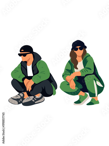 fashionable fitness group squatting active pose artwork