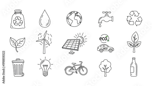 Eco-Friendly Icons: A collection of simple, hand-drawn icons representing environmental sustainability. These icons capture essential elements of eco-consciousness. 