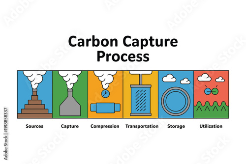 Illustration of the carbon capture process with six distinct stages.