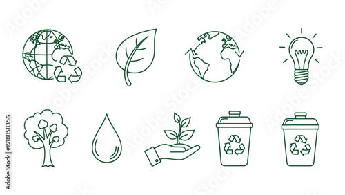 Eco-Friendly Line Icons: A collection of meticulously crafted line icons representing the essence of environmental conservation and sustainable living, including symbols of the earth, recycling.