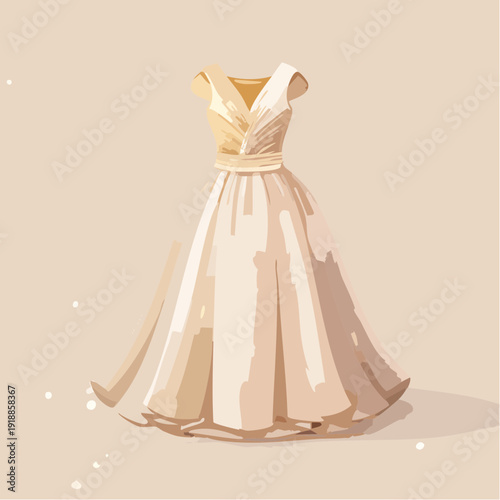 Elegant White Wedding Dress Illustration with Flowing Skirt.