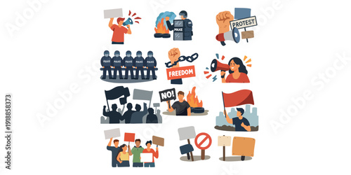 set of illustrations people protesting in city vector
