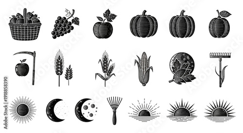 Black and white harvest moon icons.