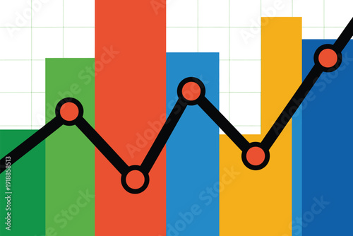 A colorful bar chart with a line graph overlay shows financial data.