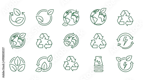 Eco-Friendly Icons: A collection of meticulously crafted icons embodying environmental consciousness and sustainability. They feature diverse representations of recycling, eco-friendly concepts.