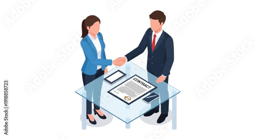Business deal handshake with contract agreement isometric illustration