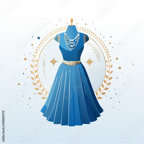 Elegant blue dress on mannequin with golden accessories and decorations.