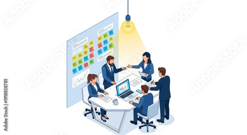 Business team collaborating and brainstorming ideas during a meeting illuminated by an idea lightbulb