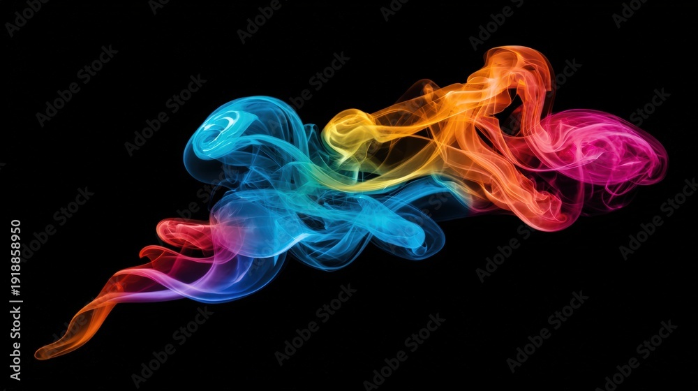 Obraz premium A vibrant display of colorful smoke swirls against a black background, perfect for artistic designs, backgrounds, or abstract visuals in advertising and digital media,