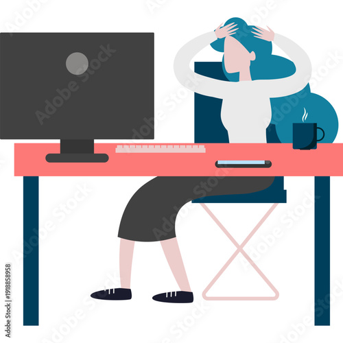 Nervous woman employee touching head looking at computer screen, deadline failure vector icon