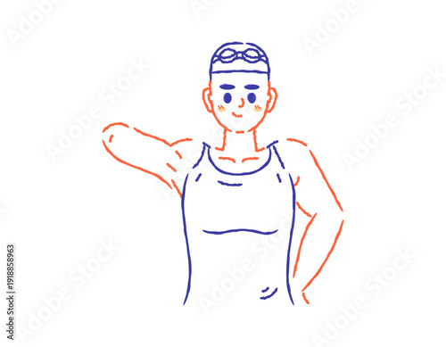 Illustration of a happy female swimmer with a crippled arm. A physically disabled swimmer. Smiling in a swimsuit and swimming cap. A confident, athletic character, symbolizing fitness and strength
