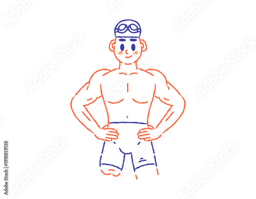 Illustration of a muscular male swimmer with one leg missing. A physically disabled swimmer. Smiling wearing swimming trunks and a swimming cap. A confident, athletic character, symbolizing fitness