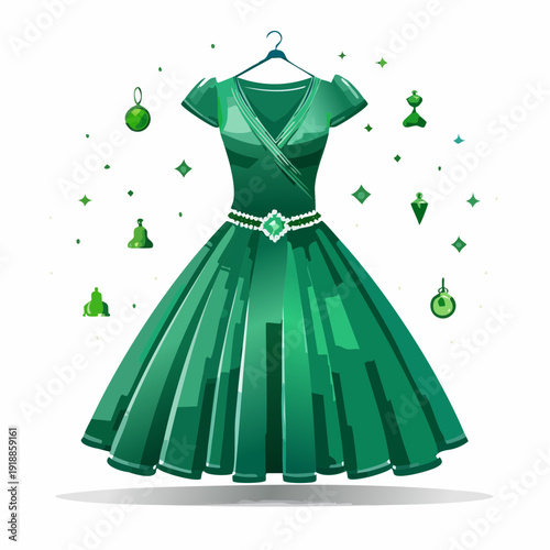 Vibrant green dress with festive decorations and accessories.