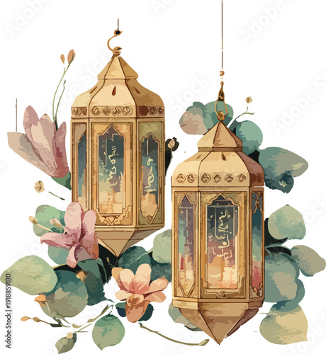 Vintage wooden church door with antique clock, flowers and birds decoration