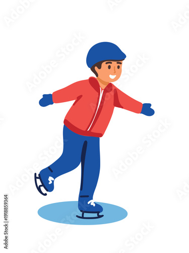 happy kid ice skating on frozen winter rink vector illustration
